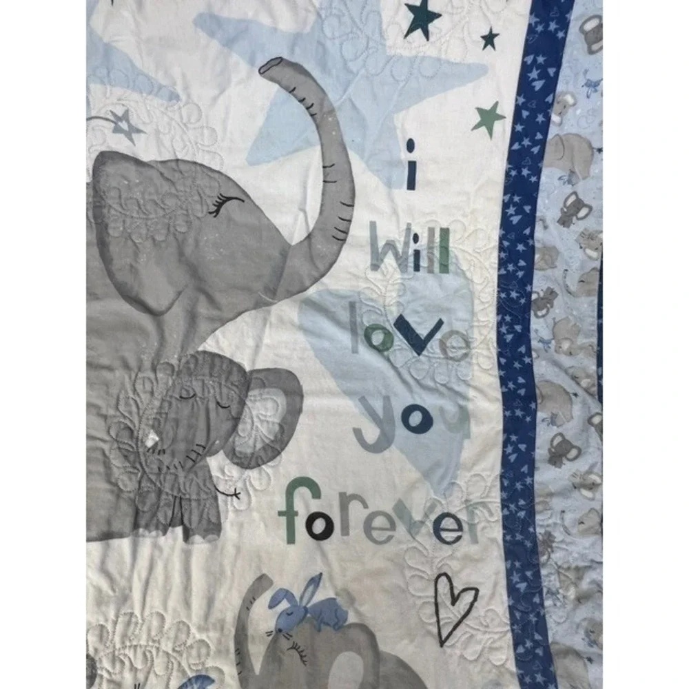 Blue Grey Elephant I Will Love You Forever Quilted Baby Blanket 28x45 Stars
